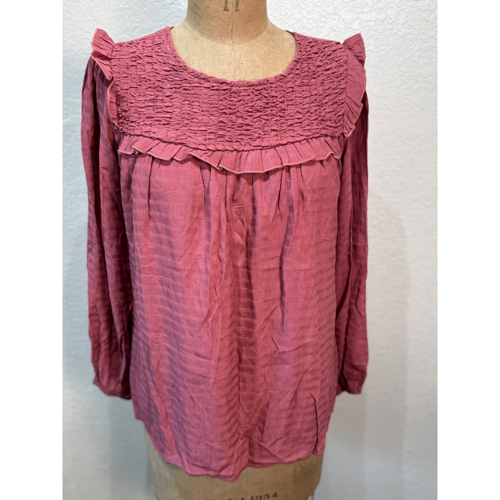 L Love Ruffle Smocked Blouse Tie‎ Back Long Sleeve Mauve Pink Women Small NWT